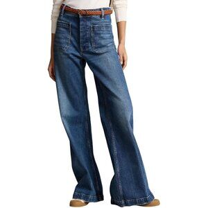 Polo Ralph Lauren Stretch Cotton Wide Leg Jean Button Fly Patch Pockets Size 32
